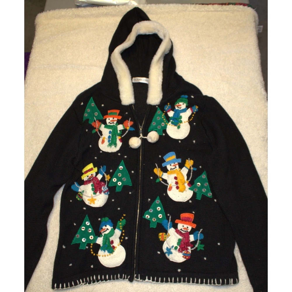 Victoria Jones Vintage Snowman ugly Christmas grandma core long sleeve hood zip‎